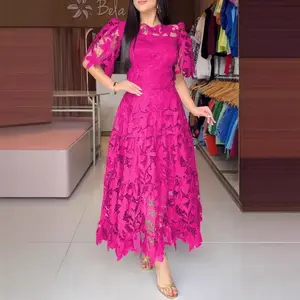 Elegant Round Neck Hollow Lace Dress Casual Women's Clothing Medium Size Can be used with a raincoat
