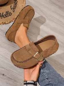 Women's Plain Suede Mule Slippers, Metal Buckle Thick Sole Shoes, Vintage Casual Half Slipper, Comfortable All-Season Footwear, Slip On Mules