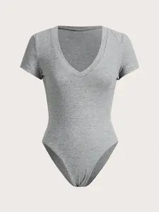 Women's V Neck Short Sleeve Bodysuit, Plain Color Sexy Comfortable Tight Fit Trendy Versatile One-Piece, Casual Fashion Top, Everyday