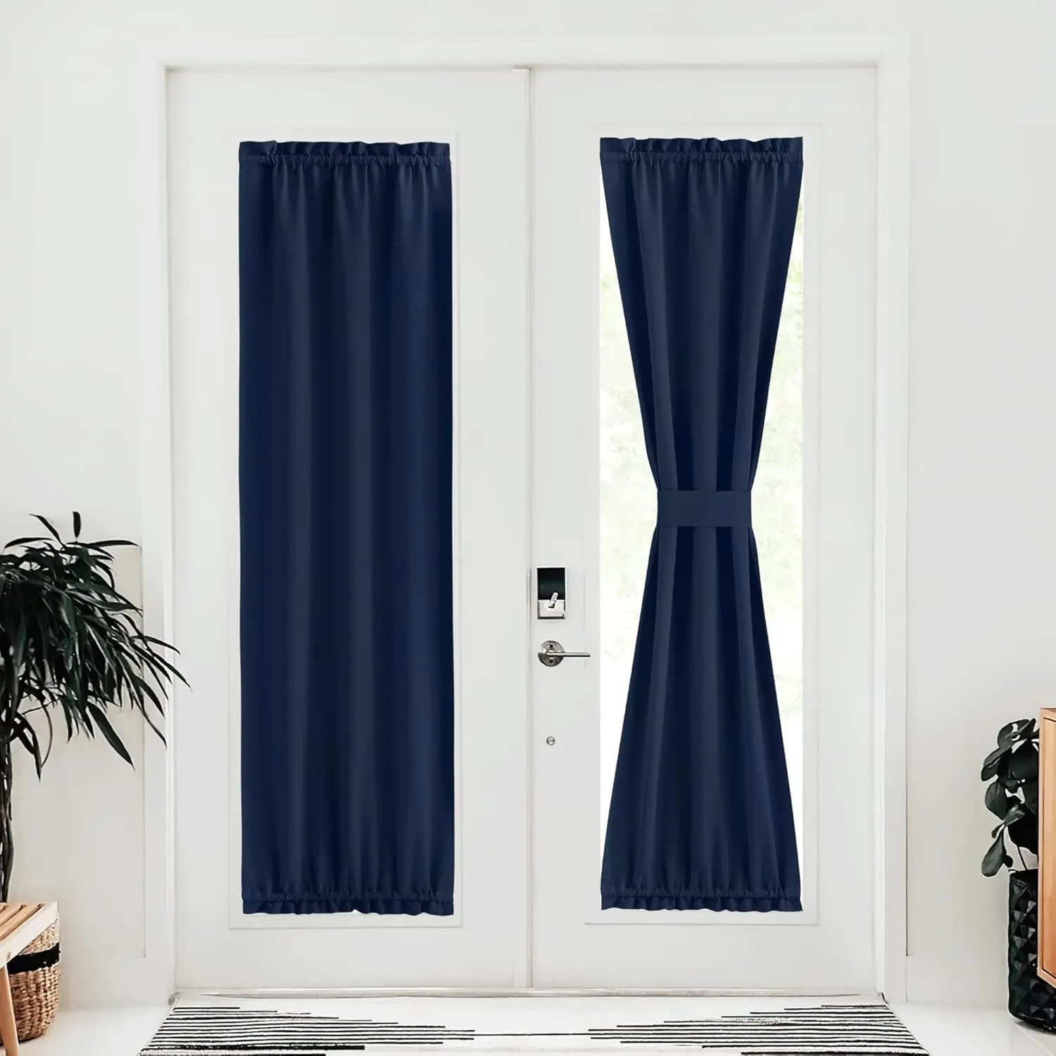 NICETOWN 1 Panel Doorway Blackout Curtain for Door Window, Thermal Insulated Temporary Window Treatment Covering for Glass Door Rod Pocket with Tieback, 25" x 80", Navy