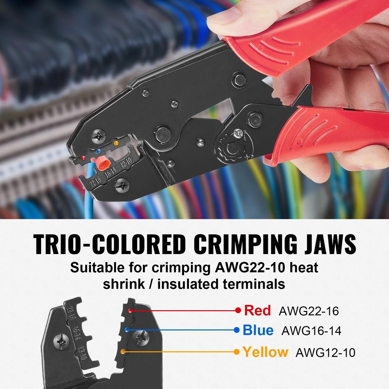 Electrical Ratcheting Crimping Tool Set AWG22-10 Wire Stripper 210pcs Heat Shrink Tubes Labor-Saving Crimping Pliers for Insulated Connectors