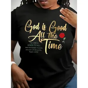 100% Cotton Ladies' Faith T-Shirt, Printed with Psalm 145:9 And Romans 12:2 Scripture - Golden Inspirational Message "God Is Always Beautiful", Loose Short Sleeved Round Neck Pure Casual Church Clothing, Breathable Black T-Shirt Suitable for Daily Wear