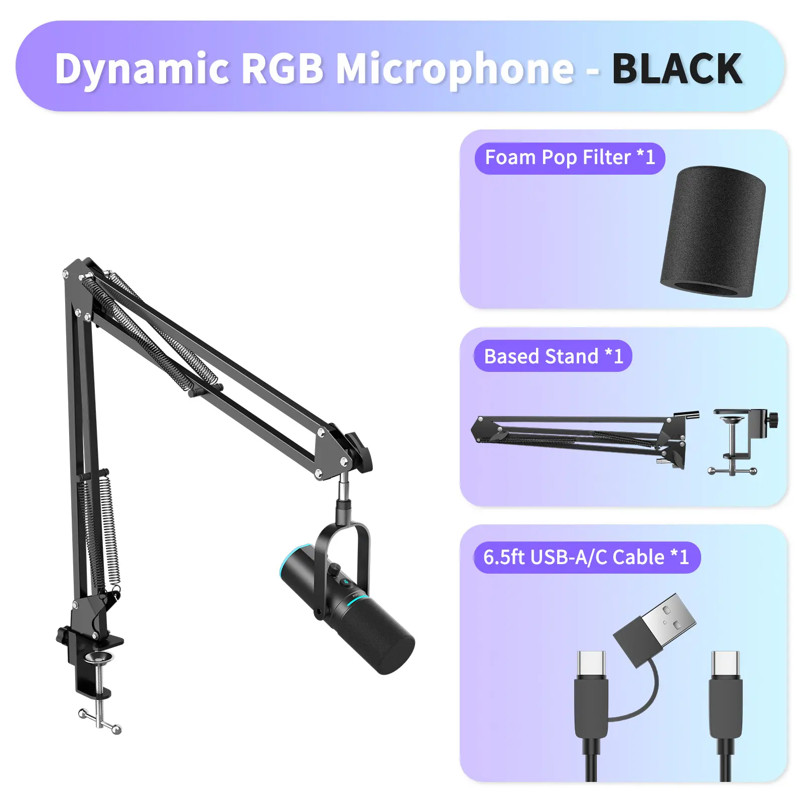 PUPGSIS Dynamic XLR/USB Podcast Microphone - Gaming Mic with Mute Button, Reverb Effects, Noise Cancellation, Boom Arm Stand, Headphone Jack for Streaming, Recording, Vocal Use - Black