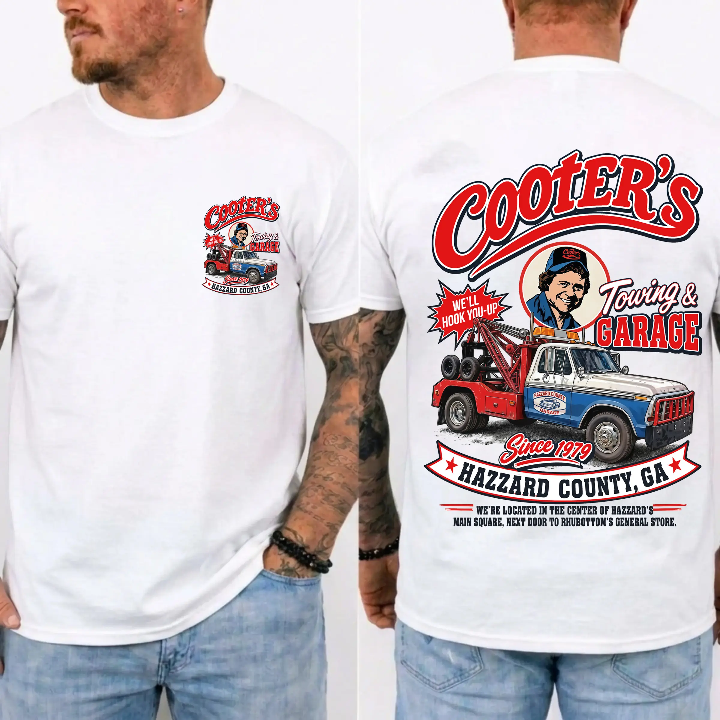 Cooter’s Towing & Garage Vintage Graphic T-Shirt, Retro Tow Truck Hazzard County Unisex Tee, Front & Back Print Shirt