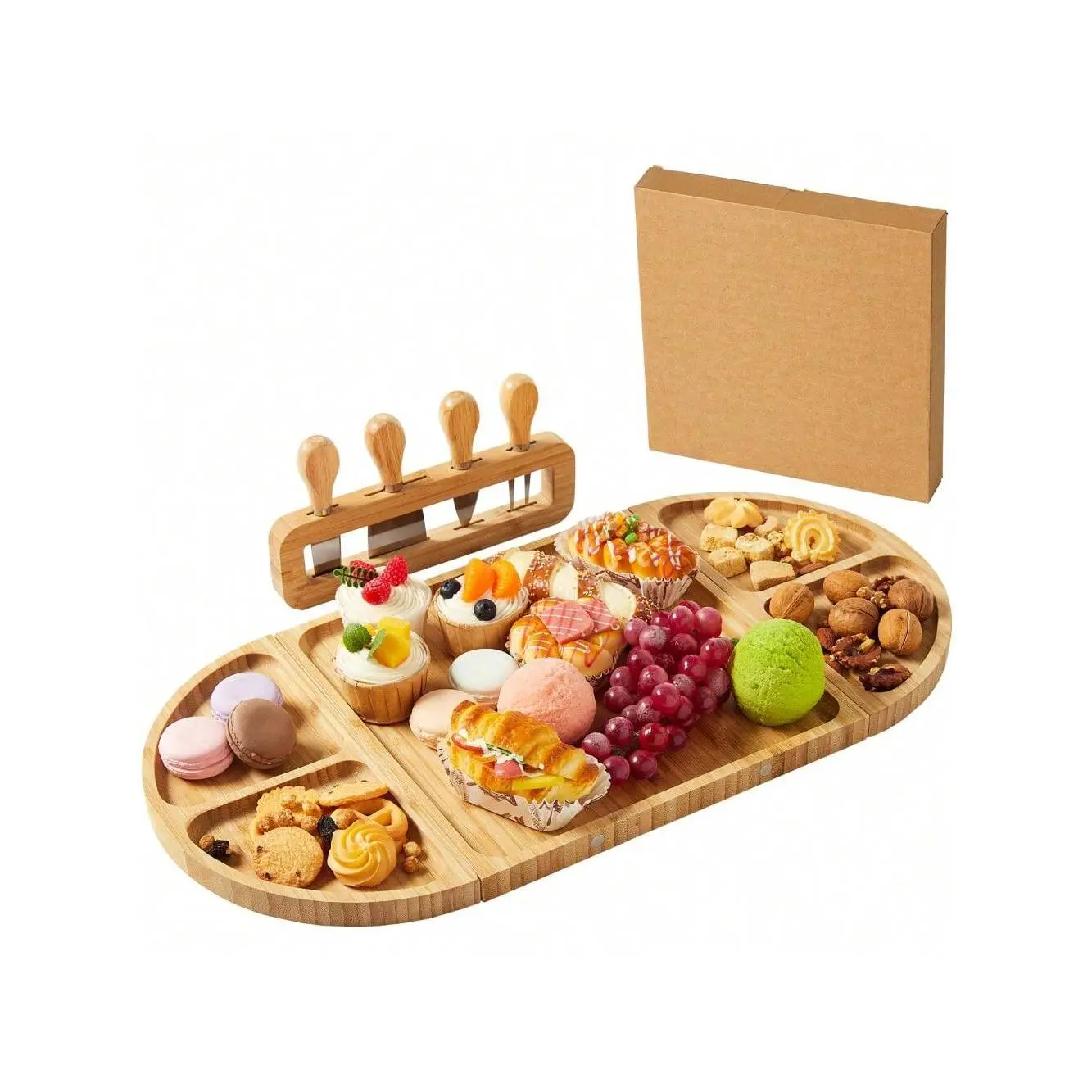 Magnetic Bamboo Charcuteri Board Set - Extra Long, 3 - In - 1 Food Platter With Knife Set For Serving Cheese, Crackers, Snacks, Wedding & Housewarming Gifts