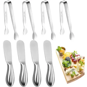 8 Pcs Tableware Set,Including 4 Stainless Steel Cheese Butter Spreader Knives and 4 Mini Serving Tongs for Cheese,Cold Butter,Jam,Appetizers,Pastry,Charcuterie,Christmas Party Gifts,Hand Tools Kits