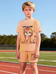 Boys' Summer Casual Fitted Two-Piece Set, Light Lion Print Short Sleeve & Shorts, Perfect Gift for Boys, Outdoor Sports Wear