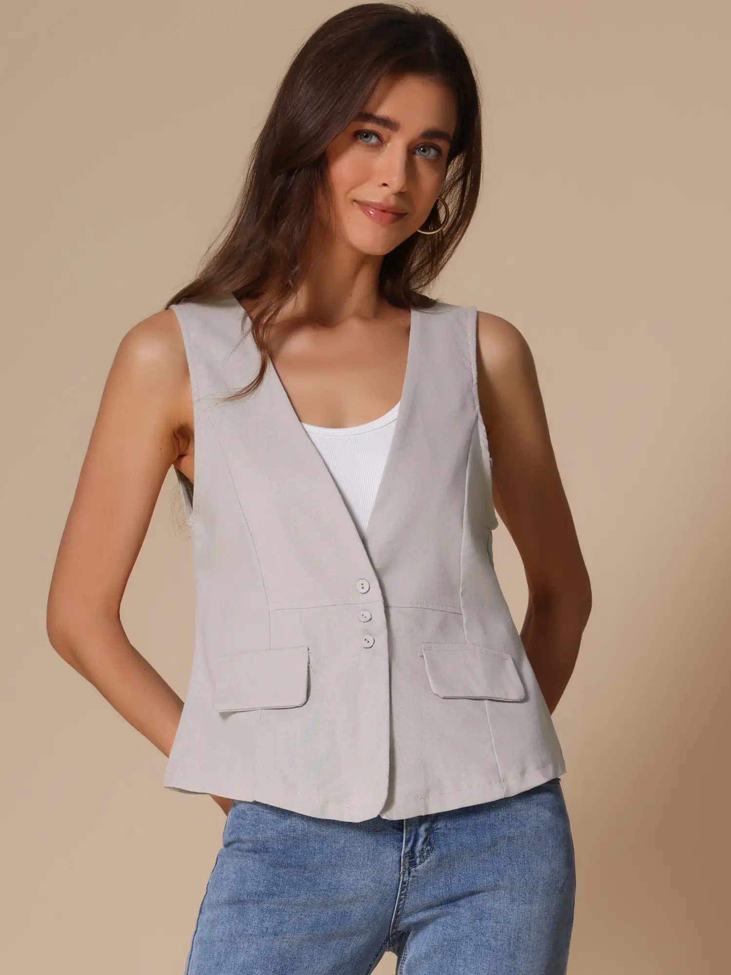 INSPIRE CHIC Women's Casual Linen Vest Loose Sleeveless Blazer Lightweight Jacket Waistcoat