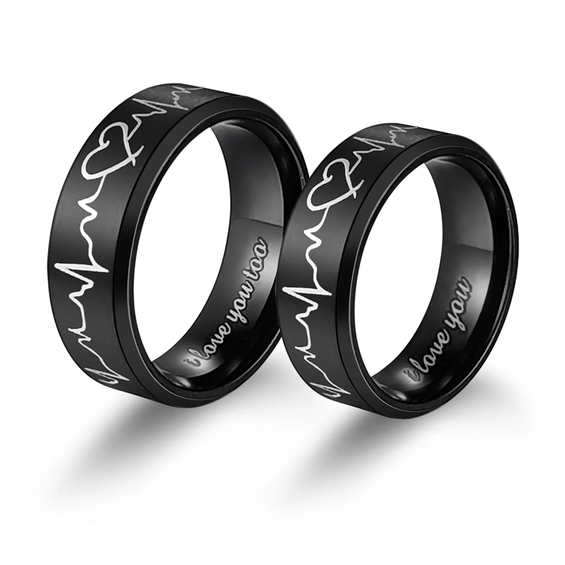 OIDEA Titanium Construction EKG Heartbeat Couple Rings - Engraved Phrase "I Love You" Promise Band, Hand-Engraved Classic Band Rings for Him and Her, Engraved Phrase Rings