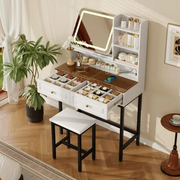 Stylish Glass-Top Makeup Vanity - 360-Degree Rotatable Adjustable LED Mirror, 3 Color Lighting Modes, Glass Shelves, Metal Frame, Drawer-Equipped, Fits Stylish, 360-Degree, Adjustable Makeup Vanities, Stylish Makeup Vanities