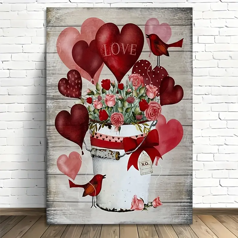 2D Flat 1pc Romantic Valentine's Day Canvas Wall Art - Rustic Love Bucket, Heart-shaped Red Rose and Mason Jar Design, "Love" Bird and Floral Pattern, Modern Home Decor for Living Room and Bedroom