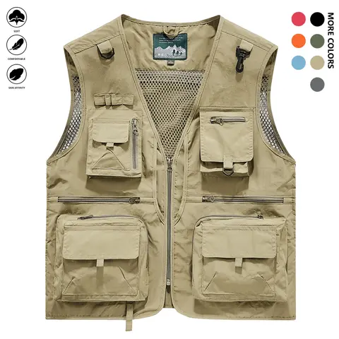 Men's Solid Color Lightweight All-Season Deep Cargo Vest Jacket with Multi-Pocket Outdoor Workwear for Fishing, Safari, Travel & Zippered Door Panels - Machine Washable (Vest & Jacket can be worn separately or together) Gilet Beige