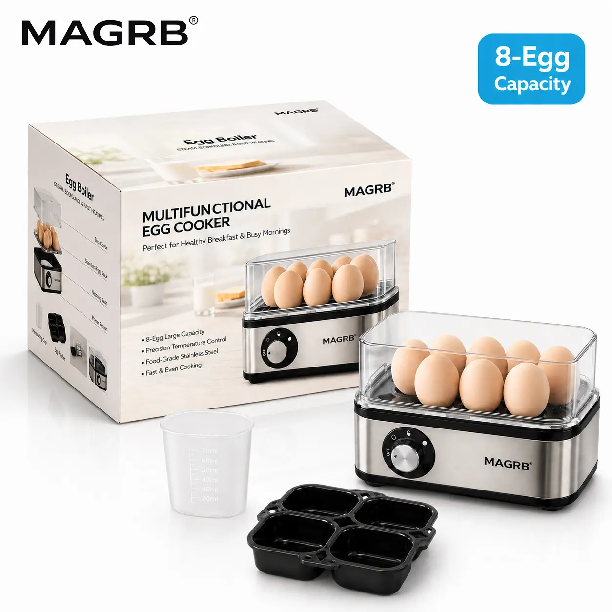 【DealsForYouDays】MAGRB Rapid Egg Cooker Electric 8 Egags Capacity, Soft, Medium, Hard Boiled, Poacher, Omelet Maker Egg Poacher With Auto Shut-Off, BPA Free
