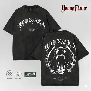 Young Flame Gothic Bear Graphic Tee 2026 Viral Acid Wash Oversized T-shirt | Dark Aesthetic Streetwear | Heavyweight Faded Black Top short-sleeved men