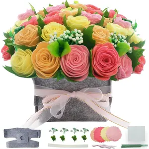 DIY Felt Flower Art Craft Kit, DIY Rose Pot Bonsai Kit, Beginner Floral Gifts - Arrange Pre-Cut Flowers and Foliage - Red, Pink, Yellow