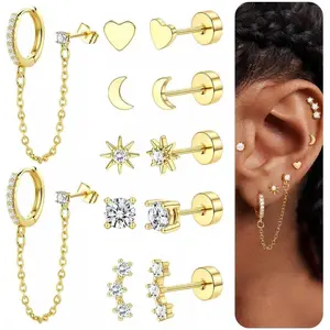 Flat  Earrings for Women, 14K  Plated Trendy Cartilage Earring Sets for Multiple Piercing  Small Huggie Hoop Earrings Stacks with Dangle Chain Dainty  Stud Earrings