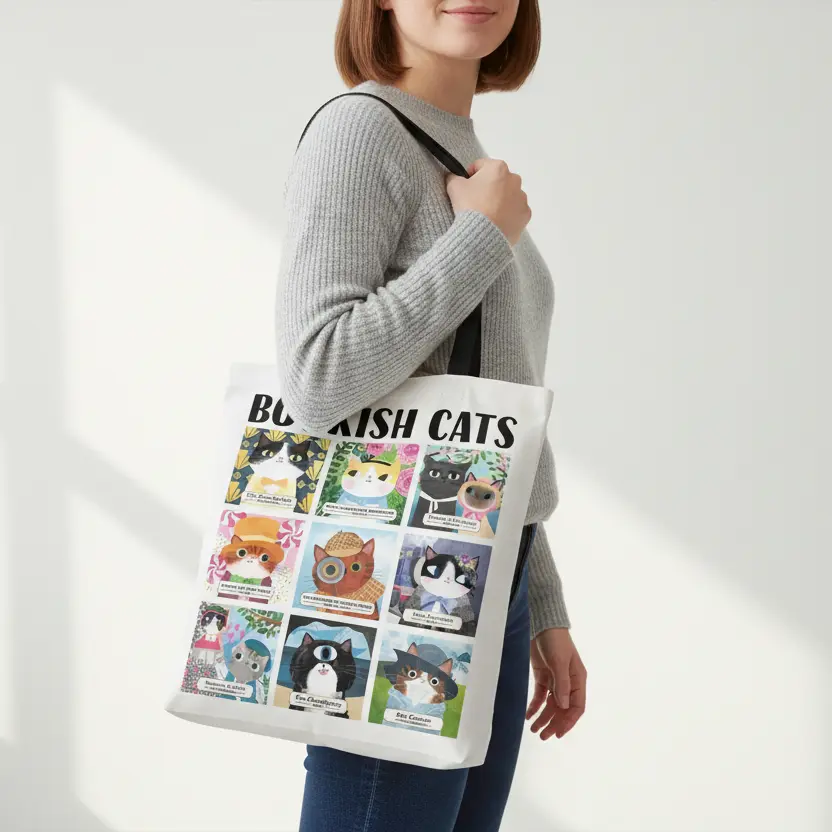 Bookish Cats Tote Bag with Whimsical Art and Literary Prints for Cat Lovers, Large Casual Non-Woven Shopping Bag that Carries Books for Grocery Trips, Punny Covers, Shopping Tote
