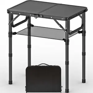 Folding Picnic Table with Storage Net Matte Black Aluminum 23.6" X 15.8" Adjustable Height 27.5" Lightweight Portable for Camping Travel Grill Indoor