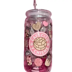 Cafecito e Chisme Brand Glass Container with Cute Designs and Logo Featuring Heart and Dessert Icons