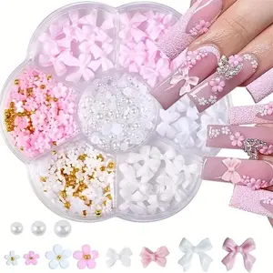 3D Flower Bow Nail Art Decoration with Half Pearls, 1 Box Cute Acrylic Flower Gem Nail Art Set, Nail Charms for DIY Handicrafts for Women & Girls