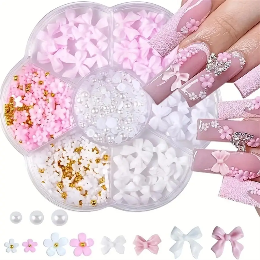 3D Flower Bow Nail Art Decoration with Half Pearls, 1 Box Cute Acrylic Flower Gem Nail Art Set for DIY Handicrafts for Women & Girls