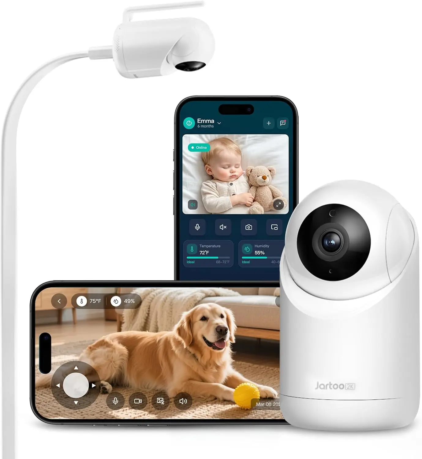 Jartoo 2K Indoor Security Camera with Mount - AI-Powered Detection, 24/7 Recording, 2-Way Audio, No Subscription, Baby/Pet Monitor Compatible