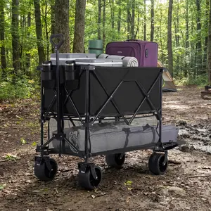 320L Outdoor Folding Double-Decker Wagon with Brakes, 440 lbs Capacity, Flexible Handle, All-Terrain Big Wheels, Compact Pack & Foldable Size for Grocery, Camping