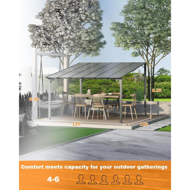GARVEE 10x12FT Lean to Gazebo, Hardtop Wall Pergola with Polycarbonate Roof, Aluminum Frame Mounted Gazebo for Lawn Patio Deck Yard and Party