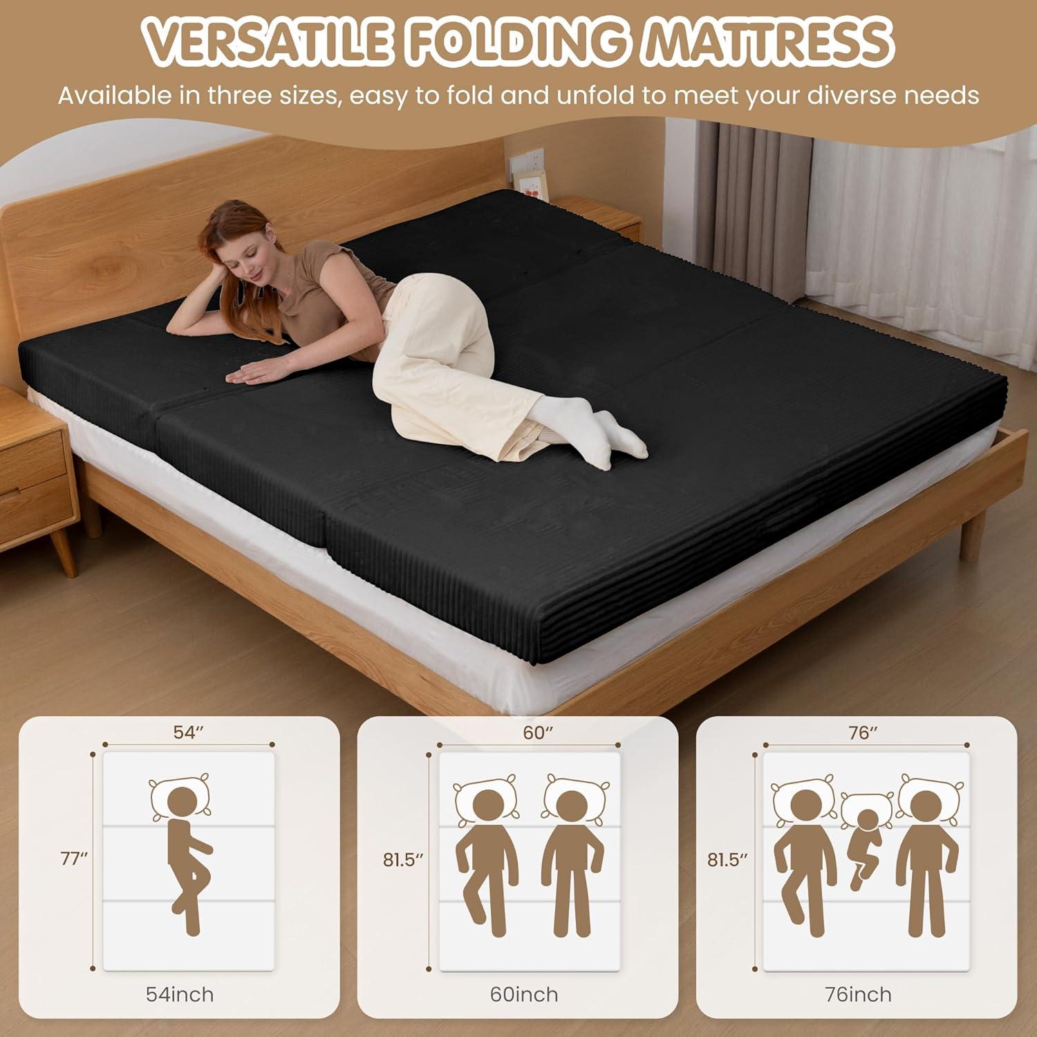 Winzoo 5-in-1 Convertible Sofa Bed,Boneless Couch Tri Folding Floor Mattress with Removable L-Shaped Armrests & Handle,Corduroy Futon Couch Sleeper with Pull Out Bed for Living Room Bedroom Apartment