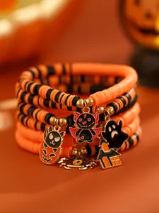 Halloween Pumpkin Spider Ghost Beaded Bracelets Set, Vintage Style Party Jewelry, Colorful Soft Clay Handmade Accessories