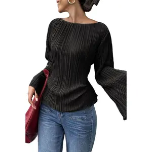 Dokotoo Womens Tops Casual Long Sleeve Of Shoulder Flare Sleeve Cinched Waist Pleated Shirt