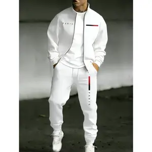 Men's Streetwear Tracksuit 2-Piece Set with PARIS Letter Print, Zip-Up Jacket and Jogger Pants