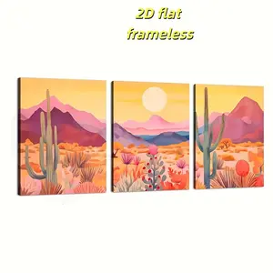 3 canvas posters of Western Desert and Arizona Sunset Cactus landscapes, 2D flat printed frameless paintings for office and living room decoration