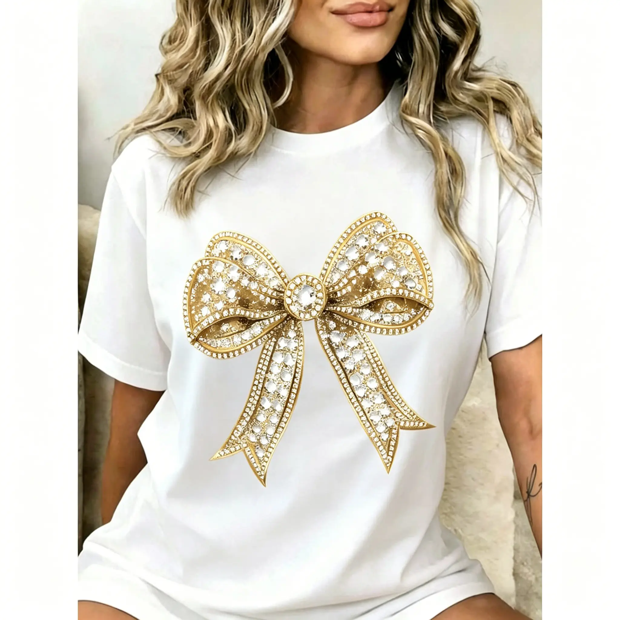Y2K T-Shirt with Golden Bow for Women - Short-Sleeved Round Neck Tee Perfect for Casual Spring Summer Wear