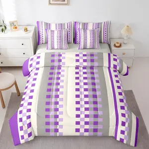 Girls Purple Checkered Bedding Set,7 Piece Rustic Buffalo Plaid Comforter Set with Sheets Geometric Stripes Bed in A Bag for Teens Women Checkerboard Design Bed Set