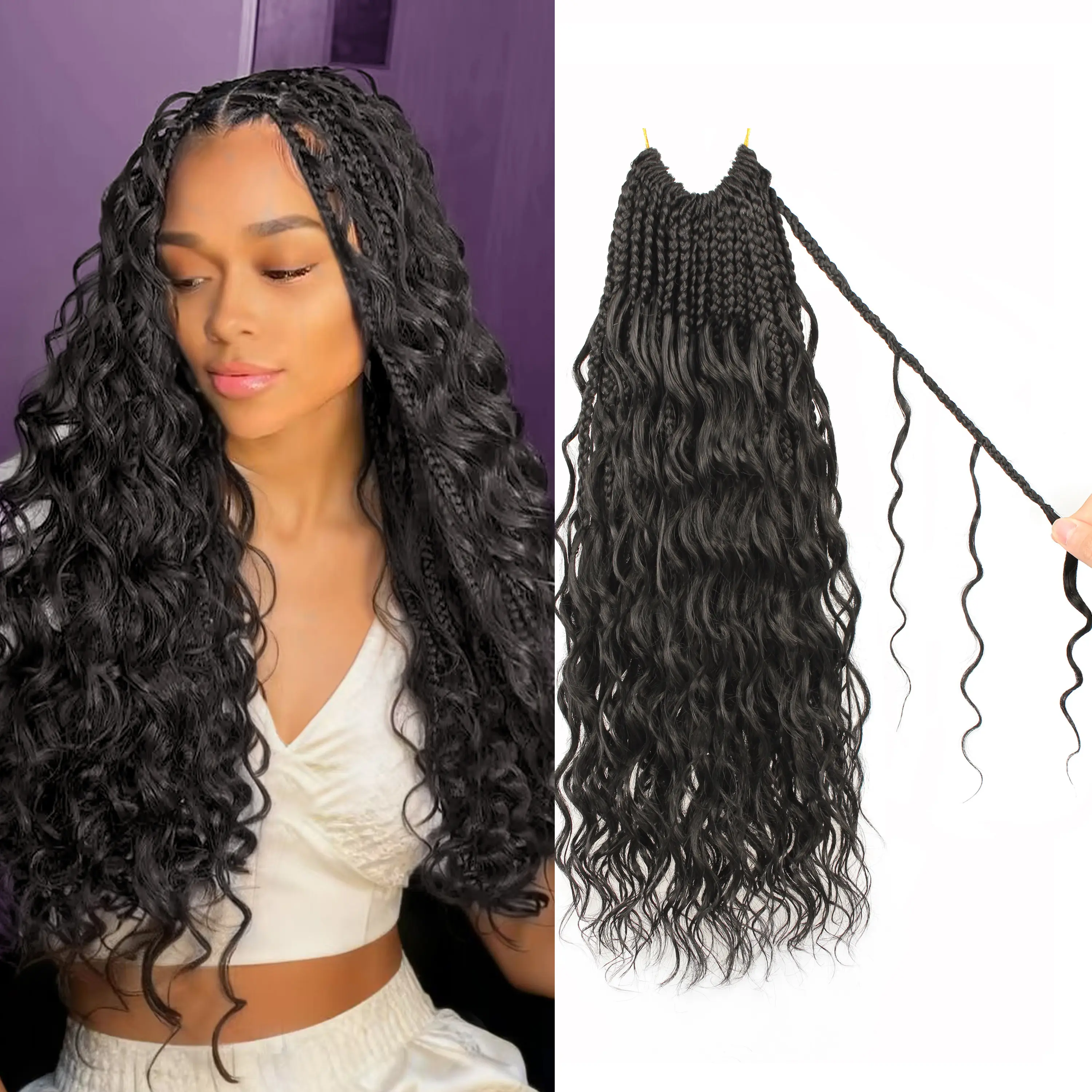 ENBEAUTIFUL Bohemian Box Braid Crochet Hair Extensions - 14" Natural Black Pre-Looped 8-Pack, Soft Wavy Curly Ends, High-Protein Silk Synthetic, No Frizz, Effortless Installation for Crochet Hairstyles, Braiding Hair Synthetic Extensions & Pieces, Curly B