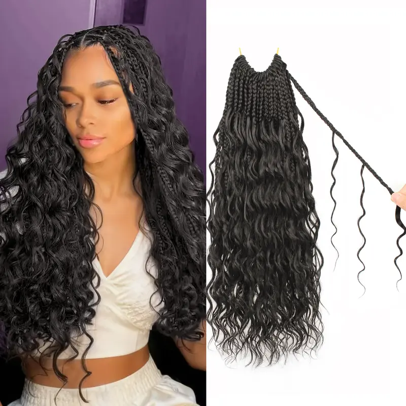 [New Arrival] Enbeautiful Goddess Box Braids Crochet Hair 14 inch 1B Pure Protein Fiber Natural Black 8 Packs Boho Style Pre-looped Curly Ends Hair Extensions for Black Women