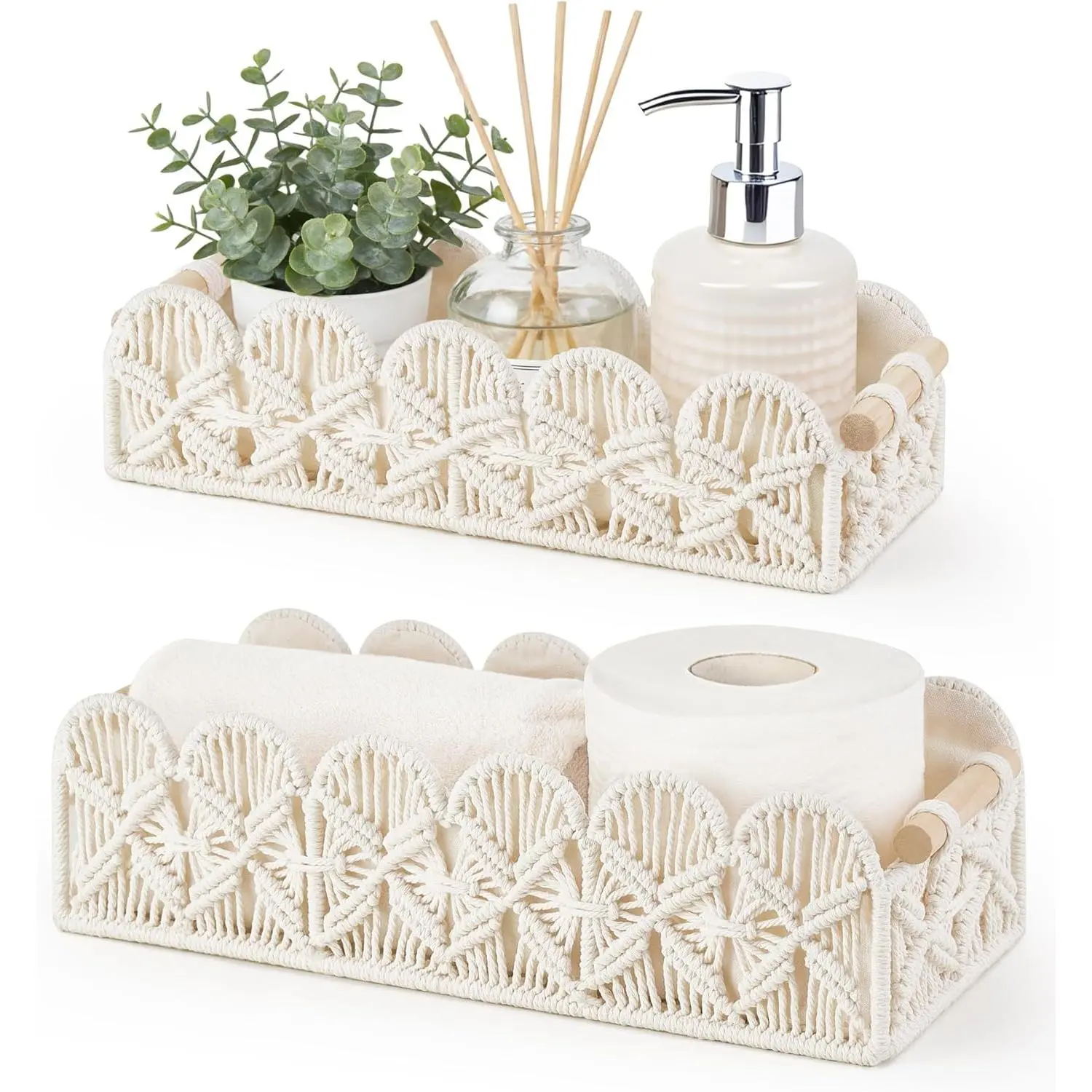 Mkono 2-Piece Cotton Rope Macrame Storage Basket Set Pack, Scalloped Edge Boho Woven Organizer with Handles, Metal Reinforcement, 12.6" L x 5" W x 3.2" H Ivory Home Supply for Bathroom Countertop, Shelf Display, Friends Gift