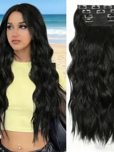 Achieve Effortless Glam!  Long Wavy Black Clip-In Hair Extensions, Synthetic Clip Hairpiece, 100% Synthetic Heat-Resistant, Natural Blend, Instant Volume & Length, Easy To Wear, Great For Daily, Party & Festival Hairstyles!