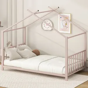 Twin Size Metal House Platform Bed, Pink Twin Size Metal House Platform Bed, Pink