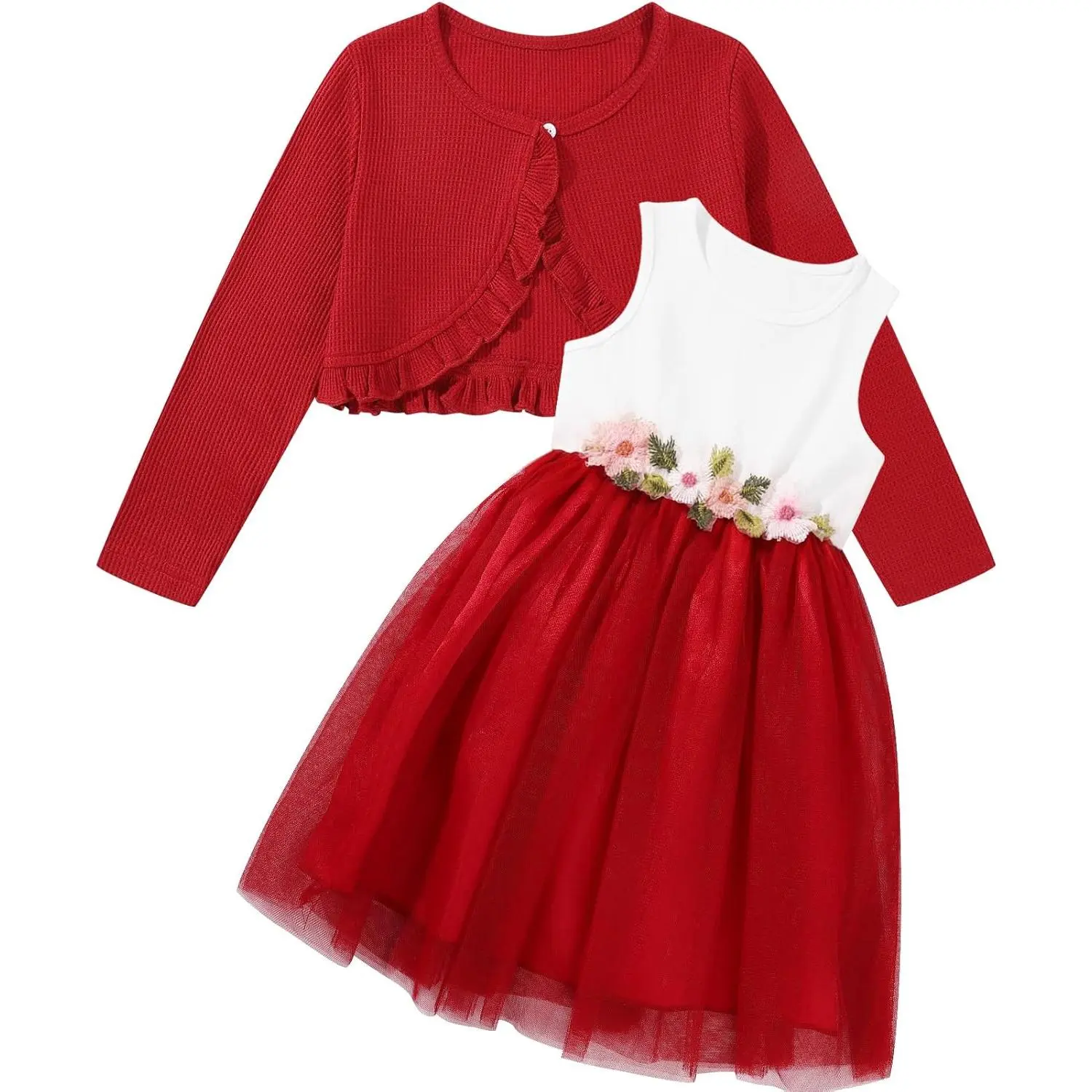 Little Girls Dress and Cardigan Sets 2 Piece Sleeveless Tulle Sundress and Long Sleeve Ruffle Shrug for 3-8 Years