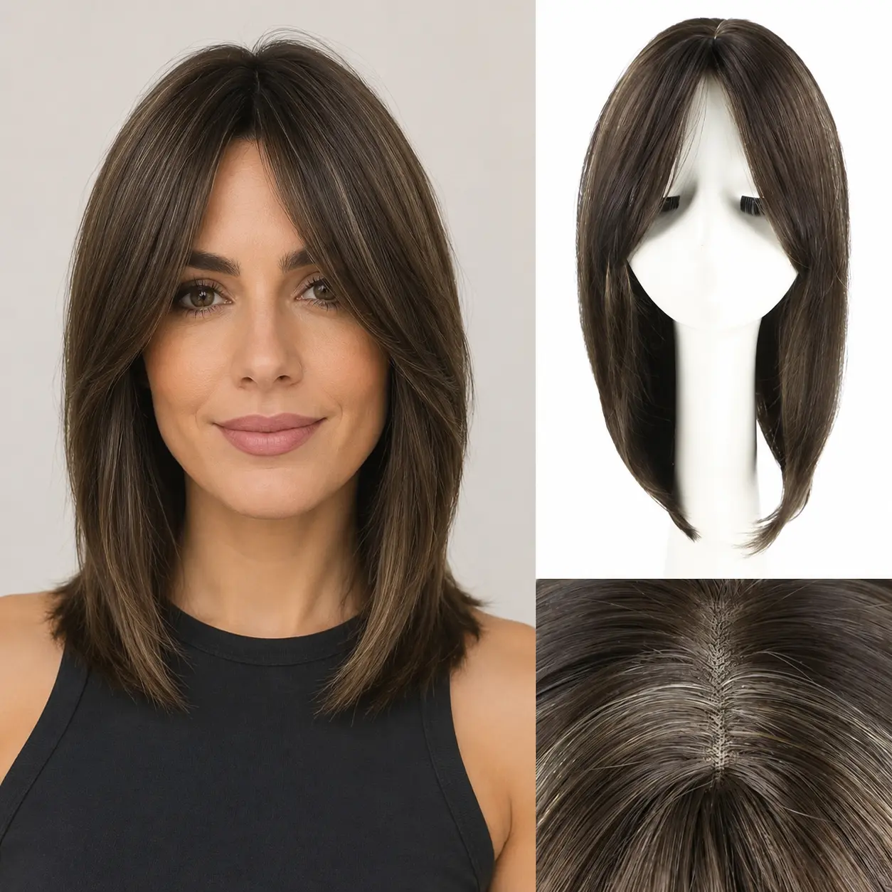 14inch Hair Topper Light Brown Highlight Hair Toppers for Women Synthetic Clip-in Straight Topper for Thinning Hair Natural Part & Scalp Coverage, Hair Weave Easy to Wear Hair Weave for SummerWins
