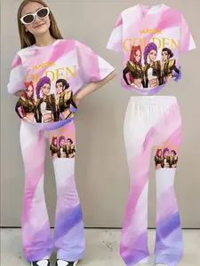 3D Printed Gradient Short Sleeve Bell Bottom Pants Set, Summer Sweet Cool, Women's Casual Slim Fit Clothing