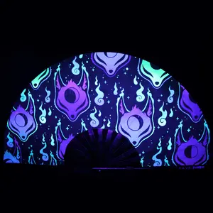 Kitsune Flame UV-Reactive Hand Fan | Foldable Bamboo Ribs | Premium Polyester Fabric | Matching Holster | Rave Fan | Festival Fan Lightweight Light Decor Accessory Foldable Wooden Cooling