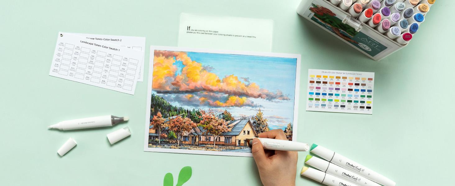 Ohuhu Alcohol Markers Double Tipped: Slim Broad & Fine - 60 Colors - Art Marker for Artists Adult Coloring Drawing Landscape Sketch - Refillable - Kaala Series of Ohuhuart