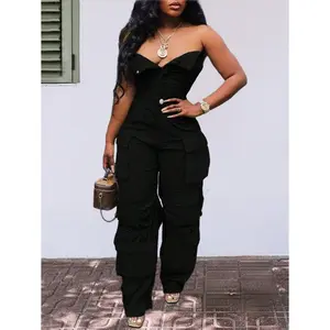 Women's Strapless Cargo Jumpsuit, Black Sleeveless One Piece Wide Leg Romper with Multi Pockets for Casual Streetwear