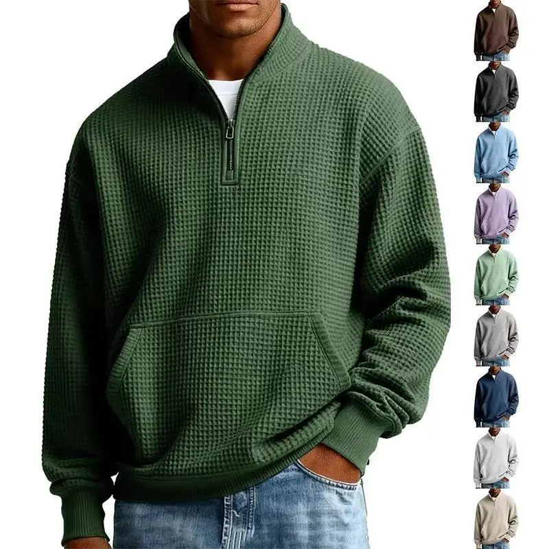 Men's Stylish American Casual Slim-Fit Half-Zip Stand Collar Long-Sleeve Pullover Sweatshirt with Kangaroo Pocket, Fluid Drape, Multiple Solid Colors, Suitable for Everyday Wear, Outdoor Activities, Spring/Autumn