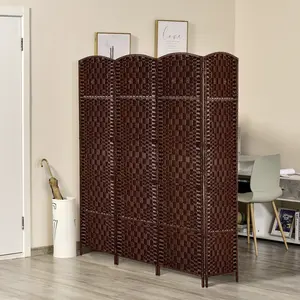 6FT Tall 4-Panel Freestanding Room Divider, Hand-Woven Paper Rope Diamond Weave Brown Privacy Screen with 360° Hinges for Room Separation