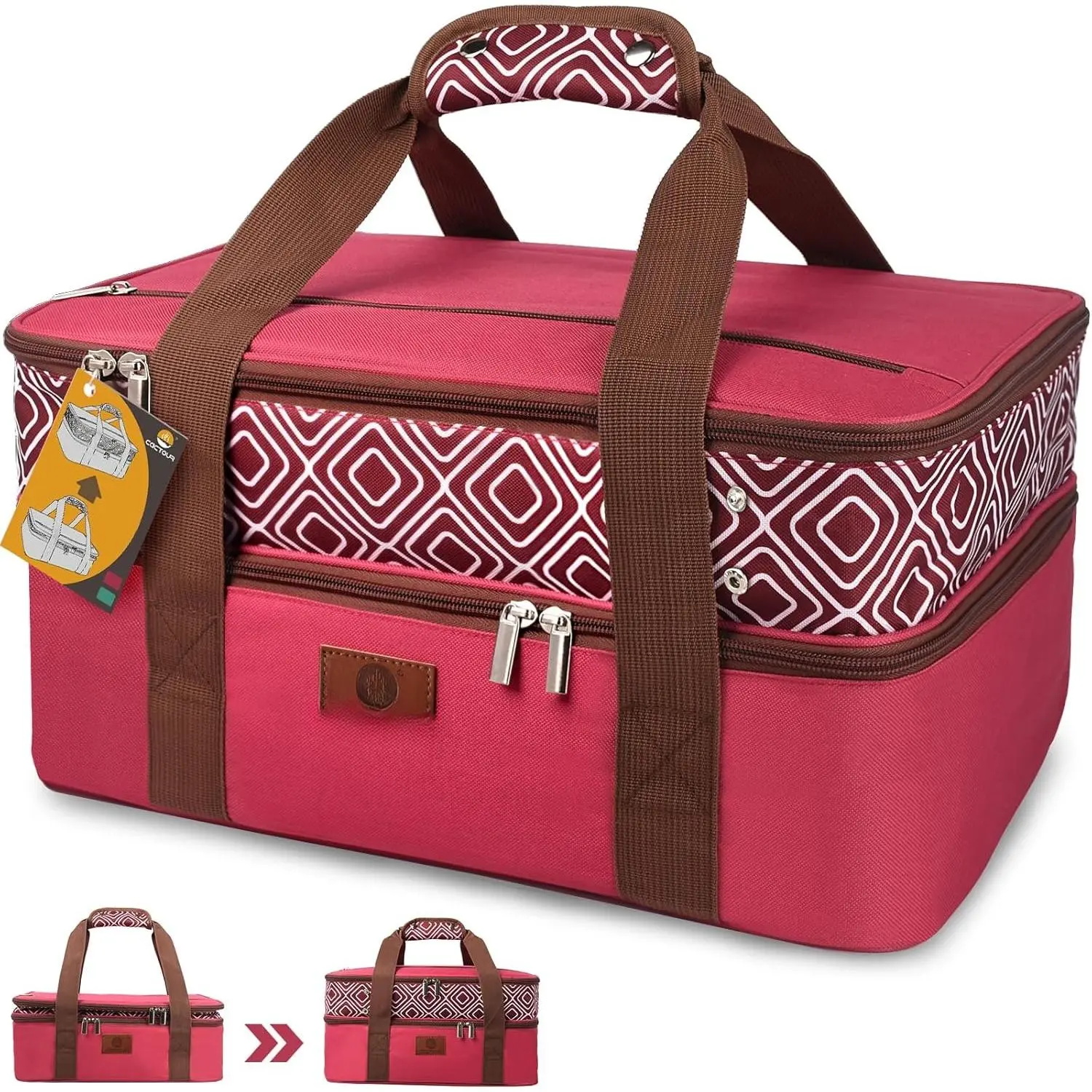 Casserole Carrier for Hot or Cold , Double Decker Expandable  Carrier with Dish Storage,Lasagna Holder Tote for Potluck Parties, Picnic, Beach, Fits 9"x13" Baking Dish (Red)