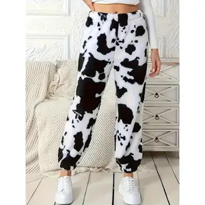 Women's Cow Print Plush Long Pants, Cute Cartoon Pattern, Warm Winter Wear, Casual Style, Comfortable Fabric, Perfect for Daily Use